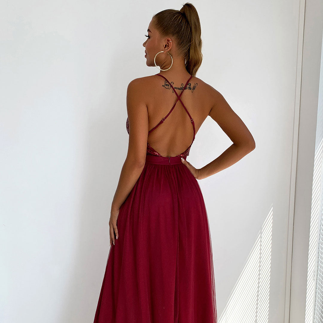Sequin Deep V-Neck Backless Tulle High Split Maxi Dress in Burgundy - View 3