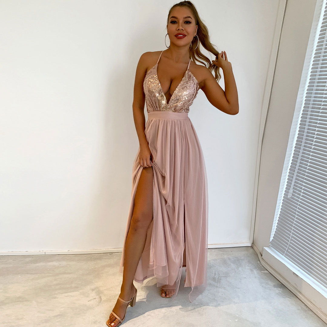 Sequin Deep V-Neck Backless Tulle High Split Maxi Dress in Champagne