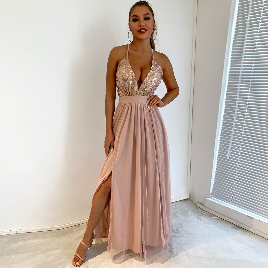 Sequin Deep V-Neck Backless Tulle High Split Maxi Dress in Champagne - View 2