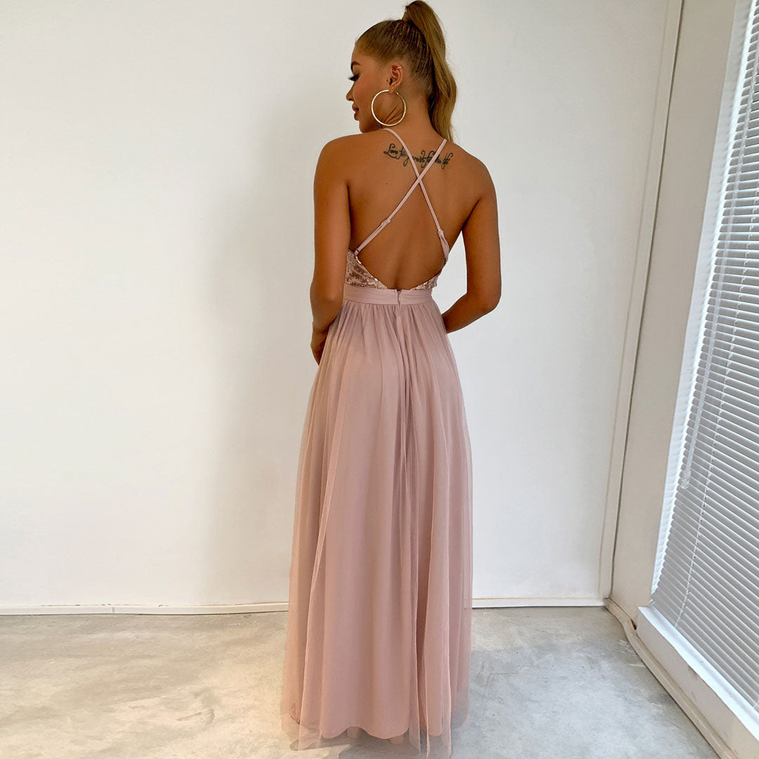 Sequin Deep V-Neck Backless Tulle High Split Maxi Dress in Champagne - View 3