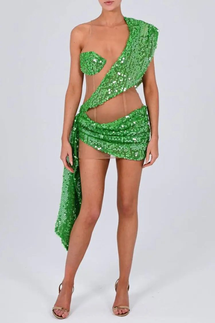 Sparkly Sequin Panel Sheer Mesh Ruched Draped Bodycon Club Mini Dress - Green Fashionpara
