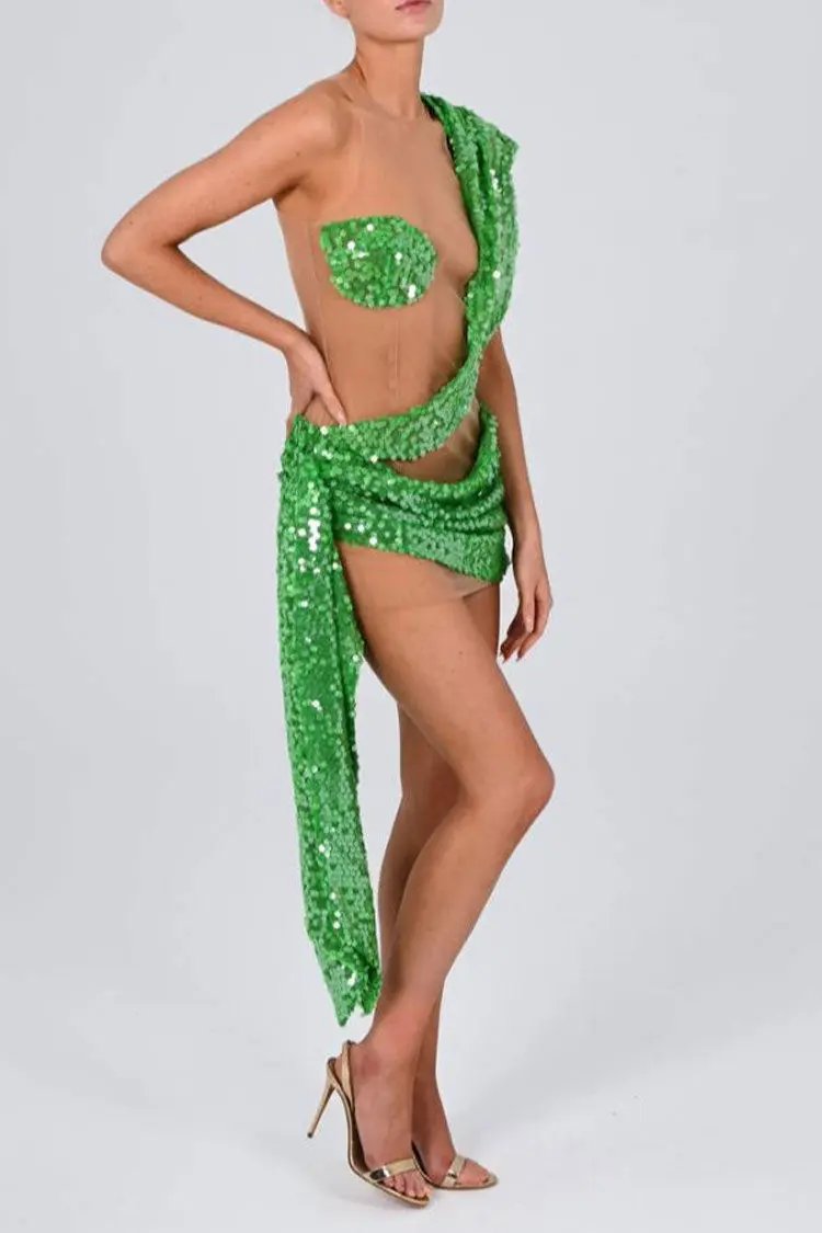 Sparkly Sequin Panel Sheer Mesh Ruched Draped Bodycon Club Mini Dress - Green Fashionpara