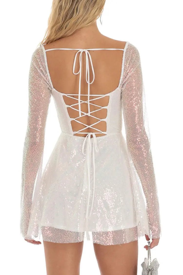 Sparkly Sequin Pleated Square Neck Bell Sleeve Skater Party Mini Dress - White Fashionpara