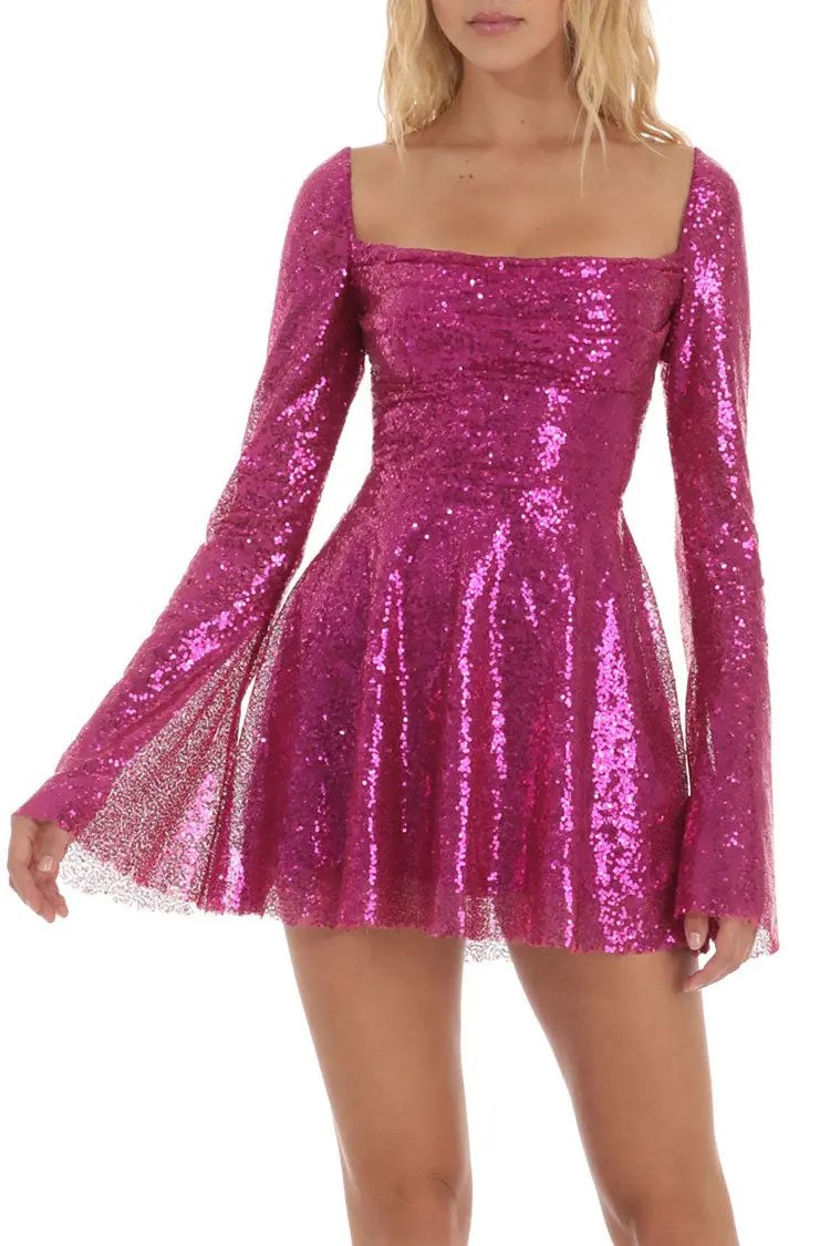 Sparkly Sequin Pleated Square Neck Bell Sleeve Skater Party Mini Dress - Hot Pink Fashionpara