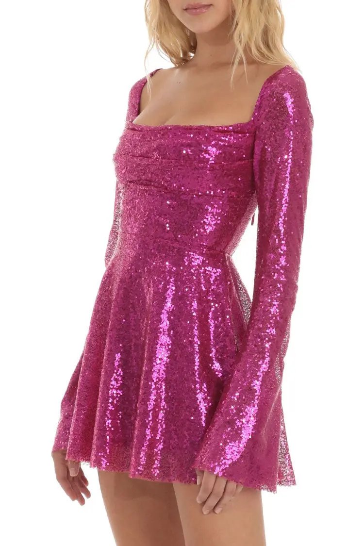 Sparkly Sequin Pleated Square Neck Bell Sleeve Skater Party Mini Dress - Hot Pink Fashionpara