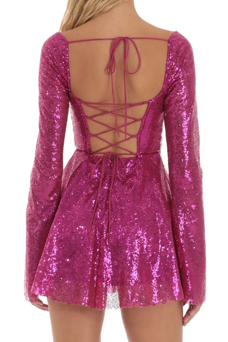 Sparkly Sequin Pleated Square Neck Bell Sleeve Skater Party Mini Dress - Hot Pink Fashionpara