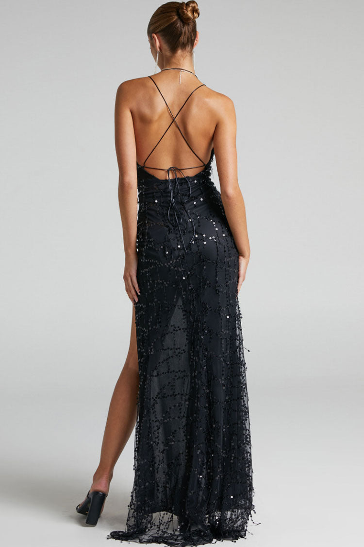 Sequin Deep V-Neck Backless High Split Maxi Dress - View 4