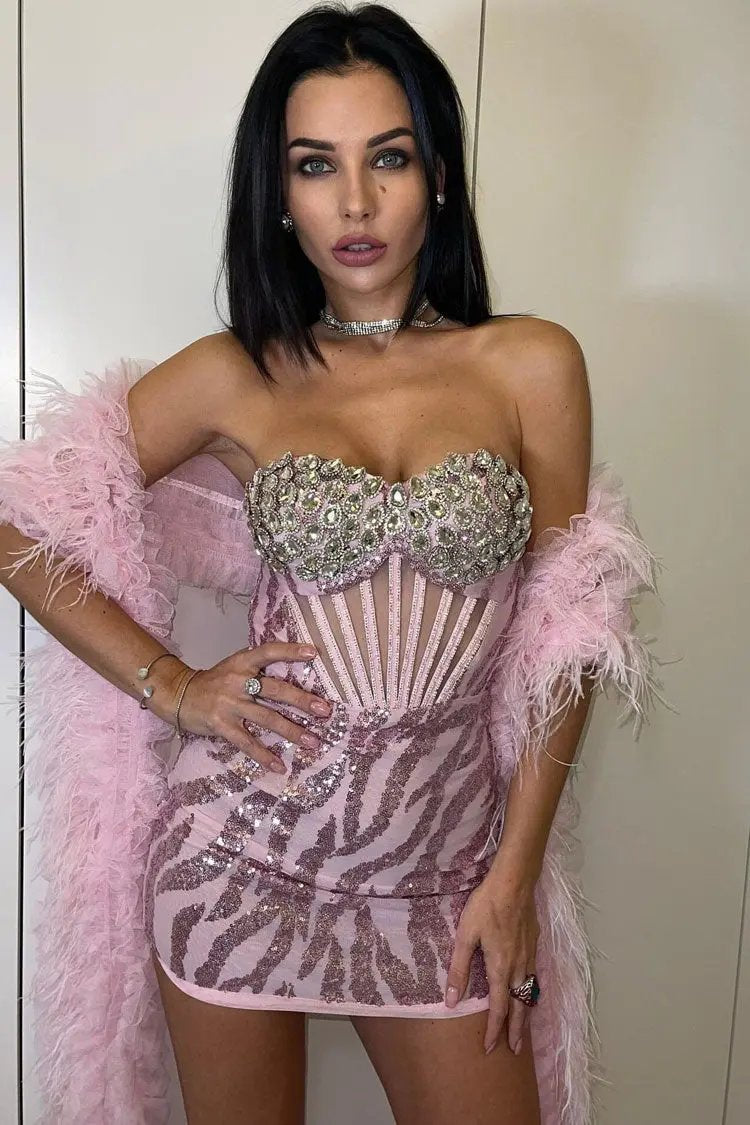 Sparkly Sequin Rhinestone Bustier Mesh Corset Party Mini Dress - Pink  Fashionpara