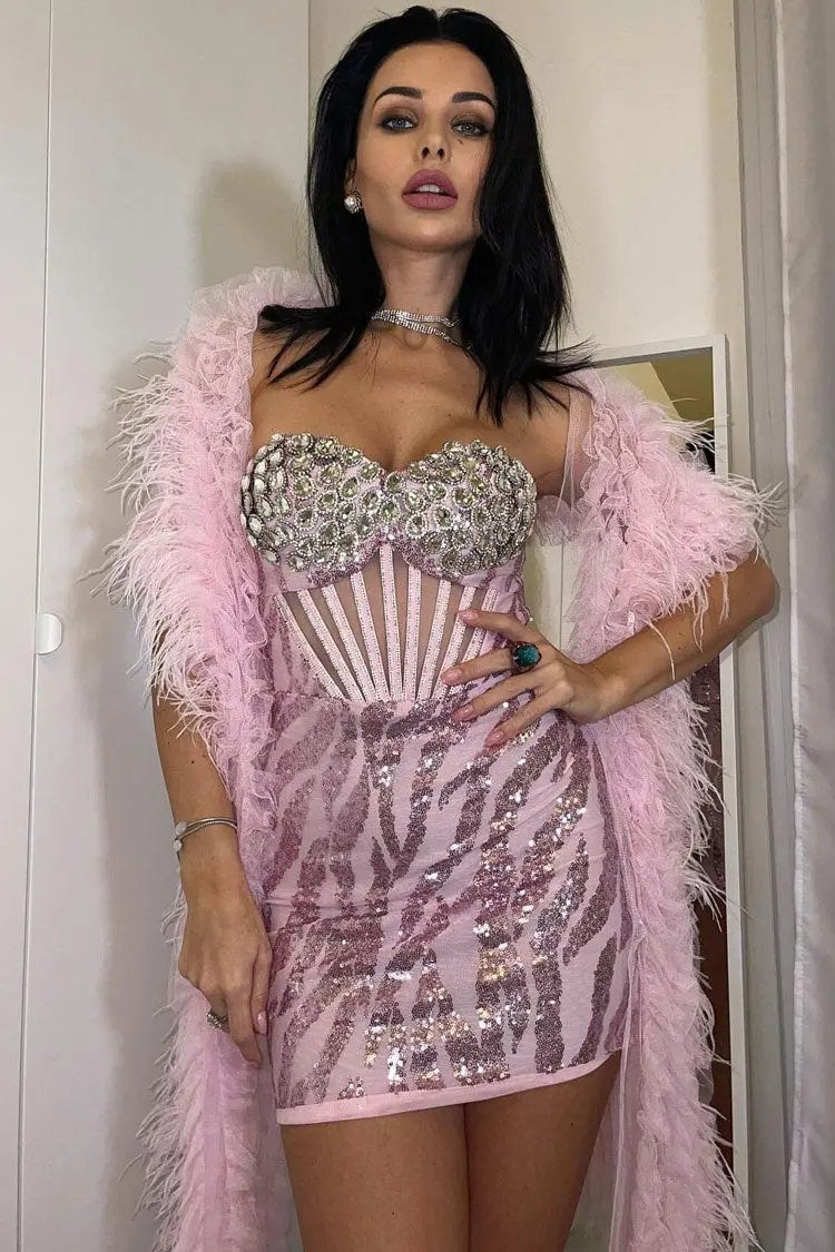 Sparkly Sequin Rhinestone Bustier Mesh Corset Party Mini Dress - Pink  Fashionpara