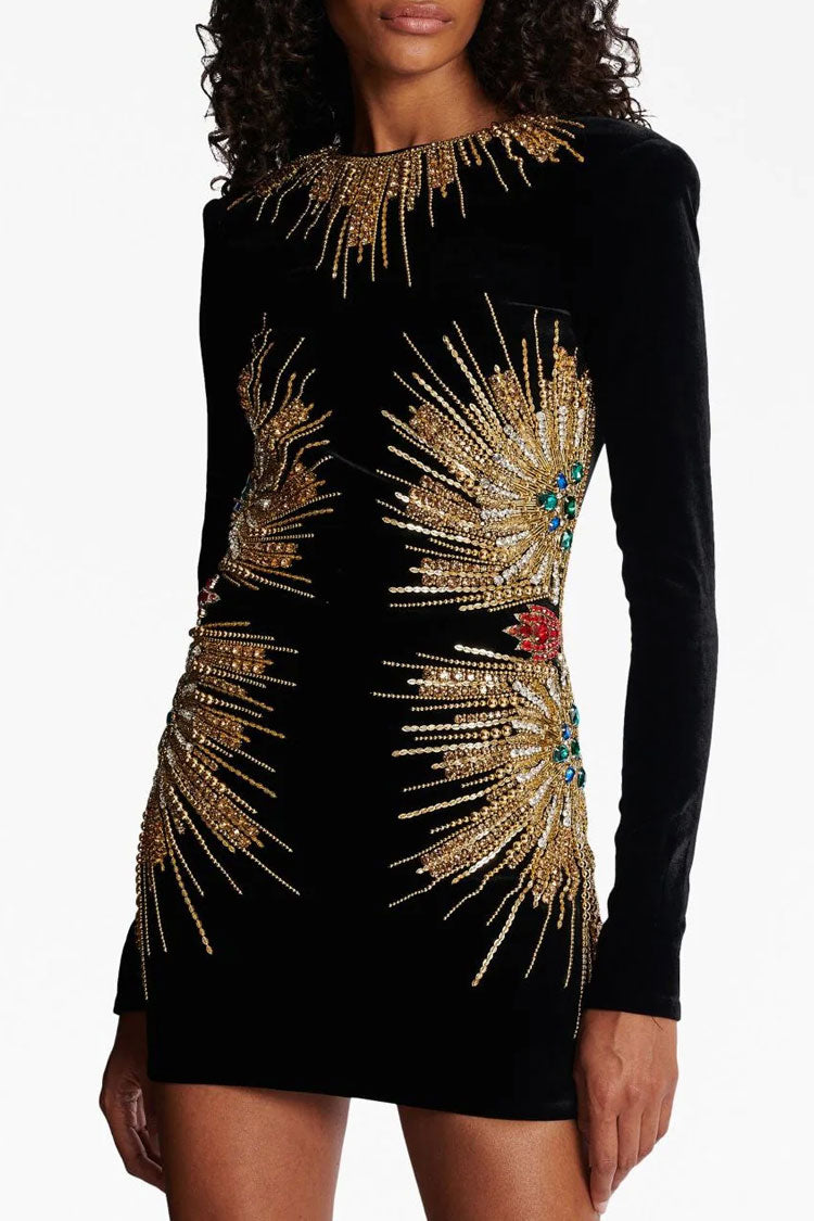 Sparkly Sequin Rhinestone Crew Neck Long Sleeve Velvet Party Mini Dress - Black - Fashionpara