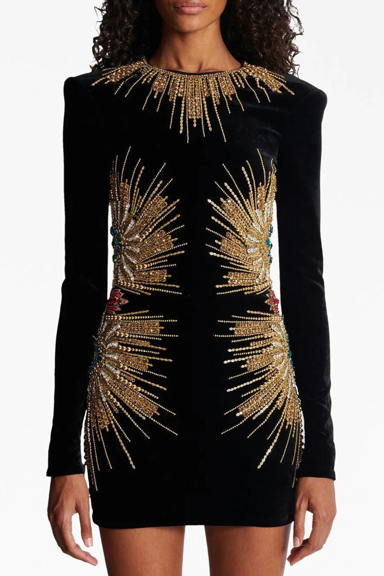 Sparkly Sequin Rhinestone Crew Neck Long Sleeve Velvet Party Mini Dress - Black - Fashionpara