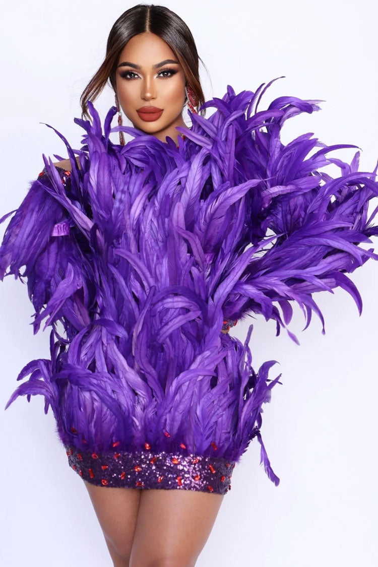 Sparkly Sequin Rhinestone Feather Embellished Bodycon Party Mini Dress - Purple  Fashionpara