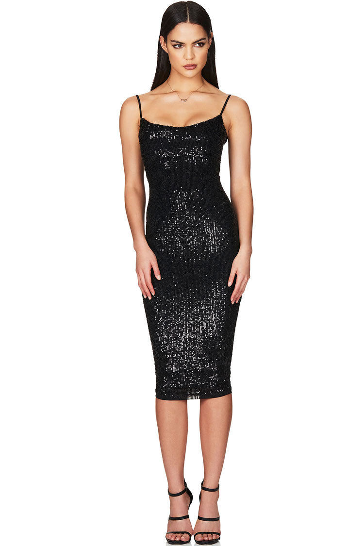 Sequin Scoop Neck Spaghetti Strap Bodycon Midi Dress in Black