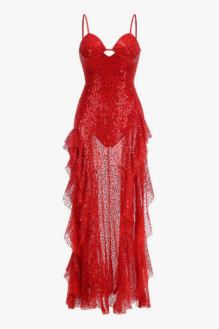 Sparkly Sequin Sleeveless Bustier Bodysuit Split Ruffle Evening Maxi Dress