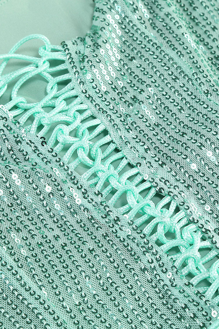 Sparkly Sequin Spaghetti Strap Lace Up Twisted Ruched Split Evening Maxi Dress