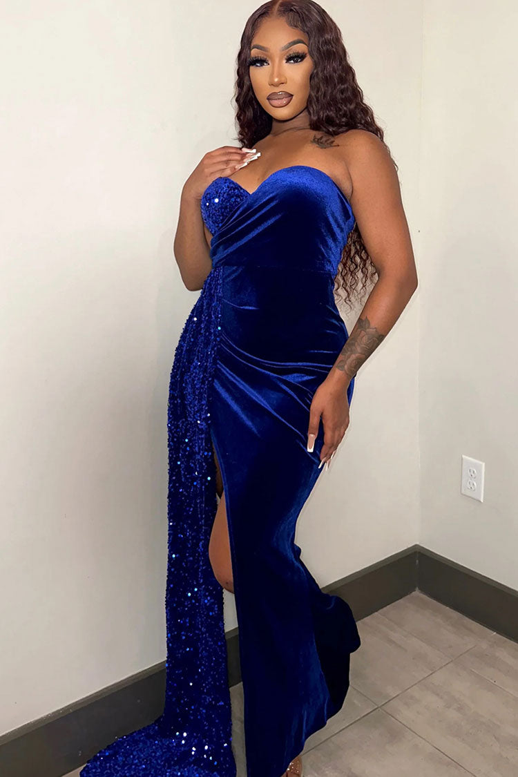 Sparkly Sequin Strapless Draped High Split Velvet Evening Maxi Dress - Royal Blue Fashionpara