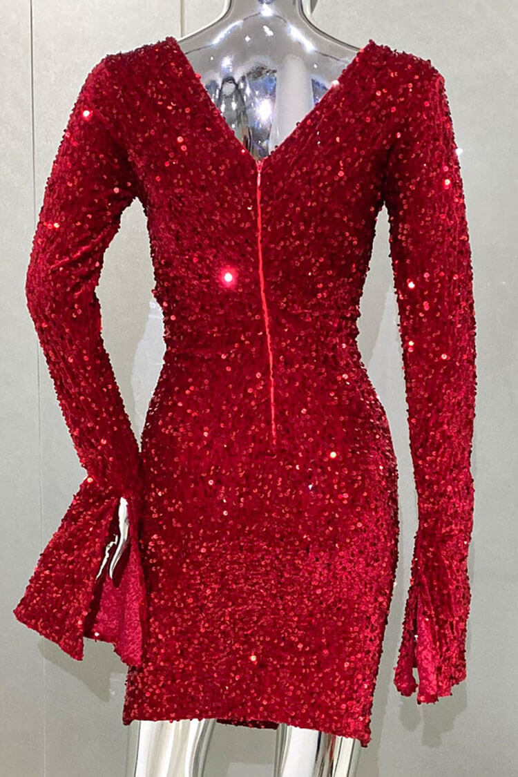 Sparkly Sequin Twist Cutout Long Sleeve Velvet Ruched Bodycon Party Mini Dress - Red  Fashionpara