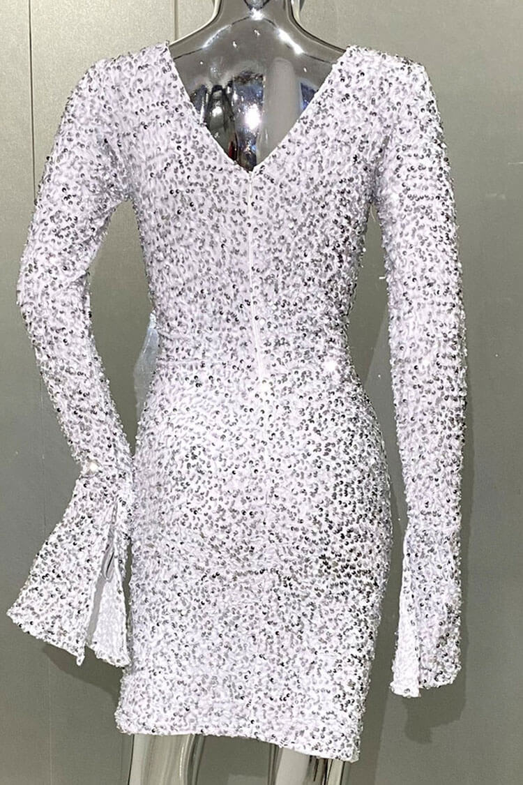 Sparkly Sequin Twist Cutout Long Sleeve Velvet Ruched Bodycon Party Mini Dress - White  Fashionpara