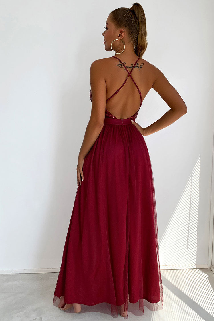 Sequin Deep V-Neck Spaghetti Strap Backless High Split Tulle Maxi Dress - View 3
