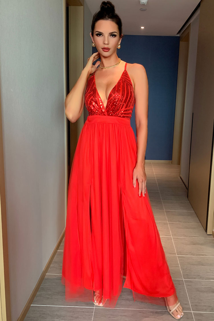 Sequin Deep V-Neck Backless Spaghetti Strap Flowy A-Line Maxi Dress