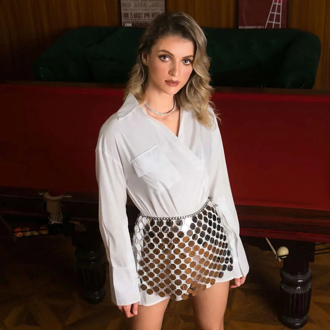 Sparkly Sequined Disc Metallic Chain Sheer Party Mini Skirt - Silver  Fashionpara