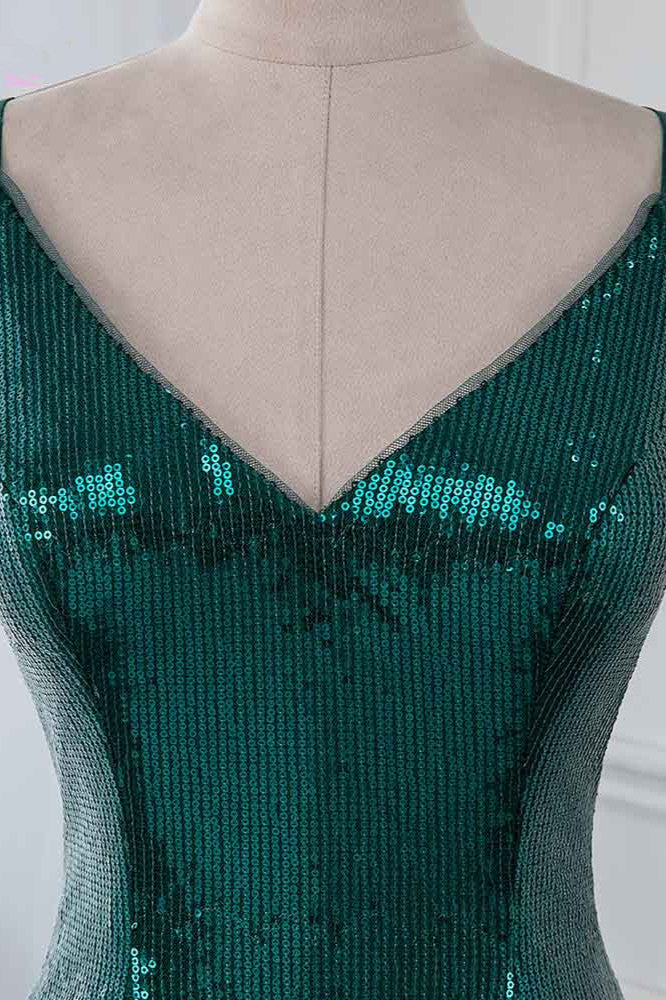 Sparkly Sequined Spaghetti Straps V-Neck Prom Dresses with Backless - Fashionpara