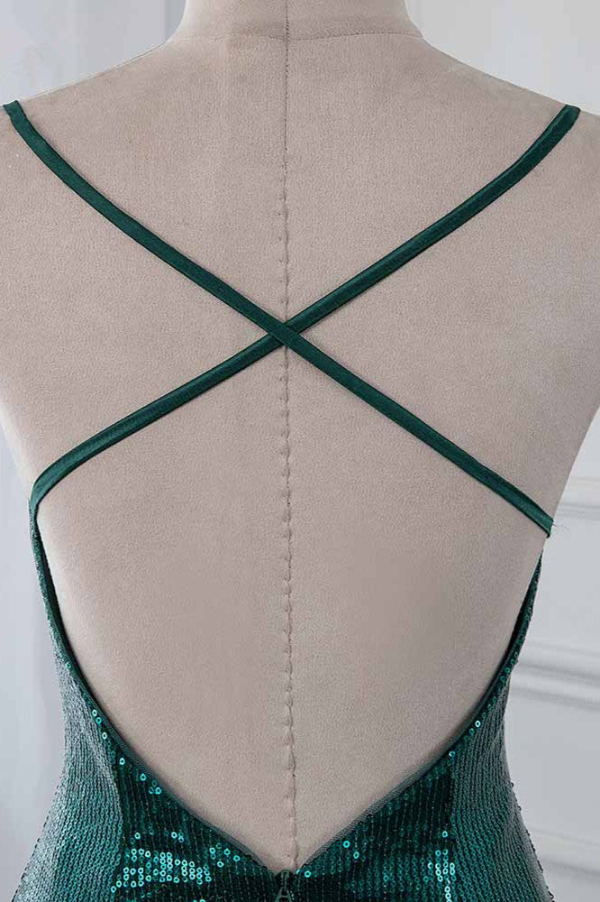 Sparkly Sequined Spaghetti Straps V-Neck Prom Dresses with Backless - Fashionpara