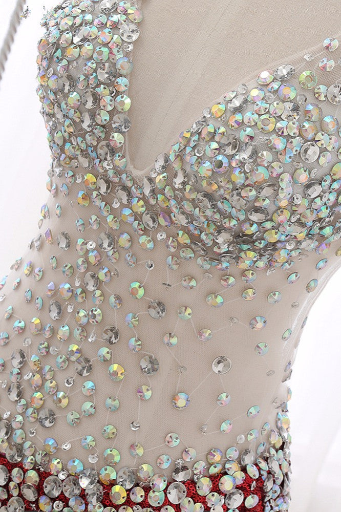 Sparkly Sequined V-Neck Burgundy Mermaid Prom Dresses with Rhinestone Top - Fashionpara