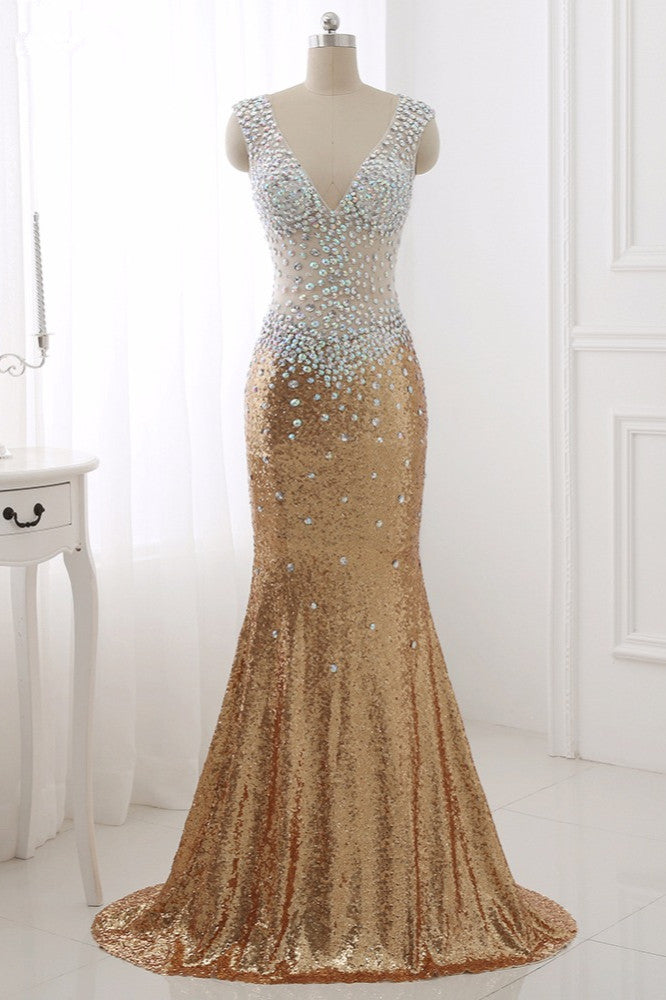 Sparkly Sequined V-Neck Burgundy Mermaid Prom Dresses with Rhinestone Top - Fashionpara