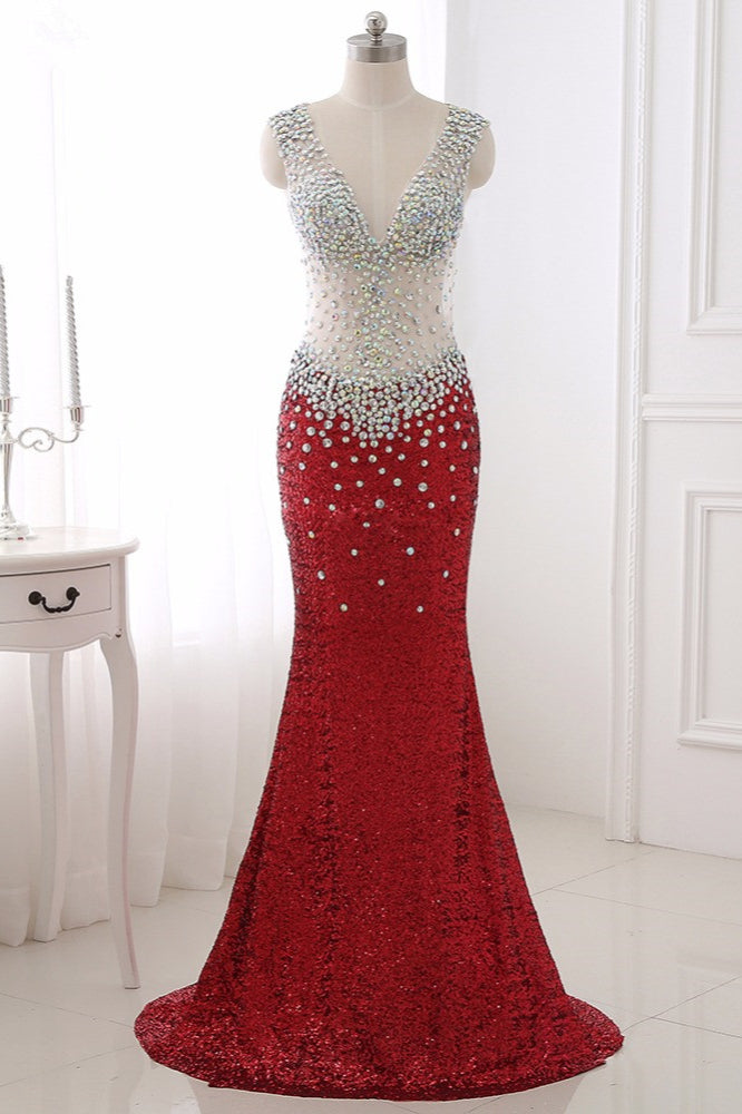 Sparkly Sequined V-Neck Burgundy Mermaid Prom Dresses with Rhinestone Top - Fashionpara