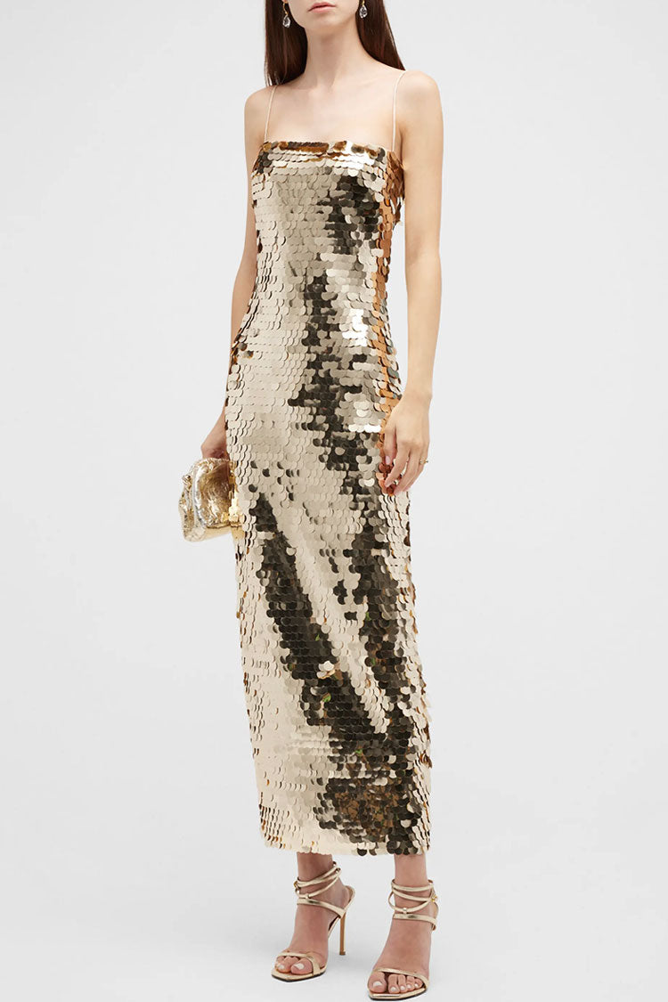Square Neck Spaghetti Strap Sequin Column Maxi Dress