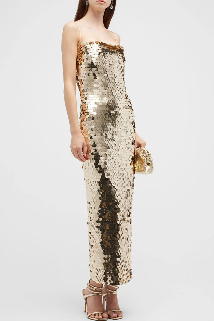 Square Neck Spaghetti Strap Sequin Column Maxi Dress 2