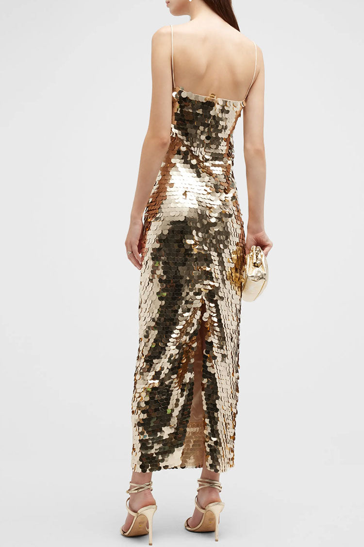 Square Neck Spaghetti Strap Sequin Column Maxi Dress 3