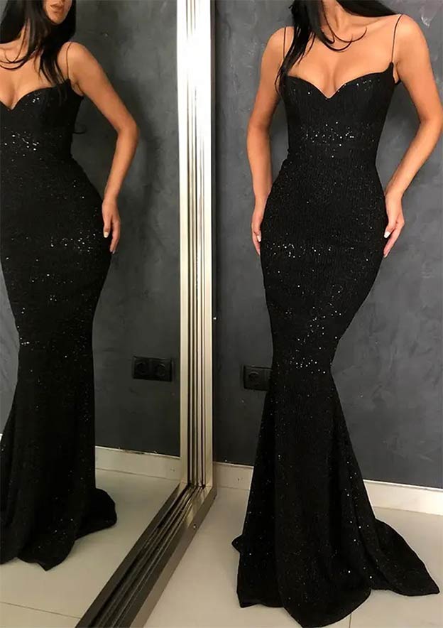 Sparkly Trumpet/Mermaid V-Neck Sleeveless Sweep Train Metallic Yarn Prom Dress/Evening Dress with Sequins - Fashionpara