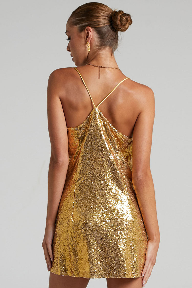 Sparkly V Neck Spaghetti Strap A Line Sequin Party Mini Dress - Gold  Fashionpara