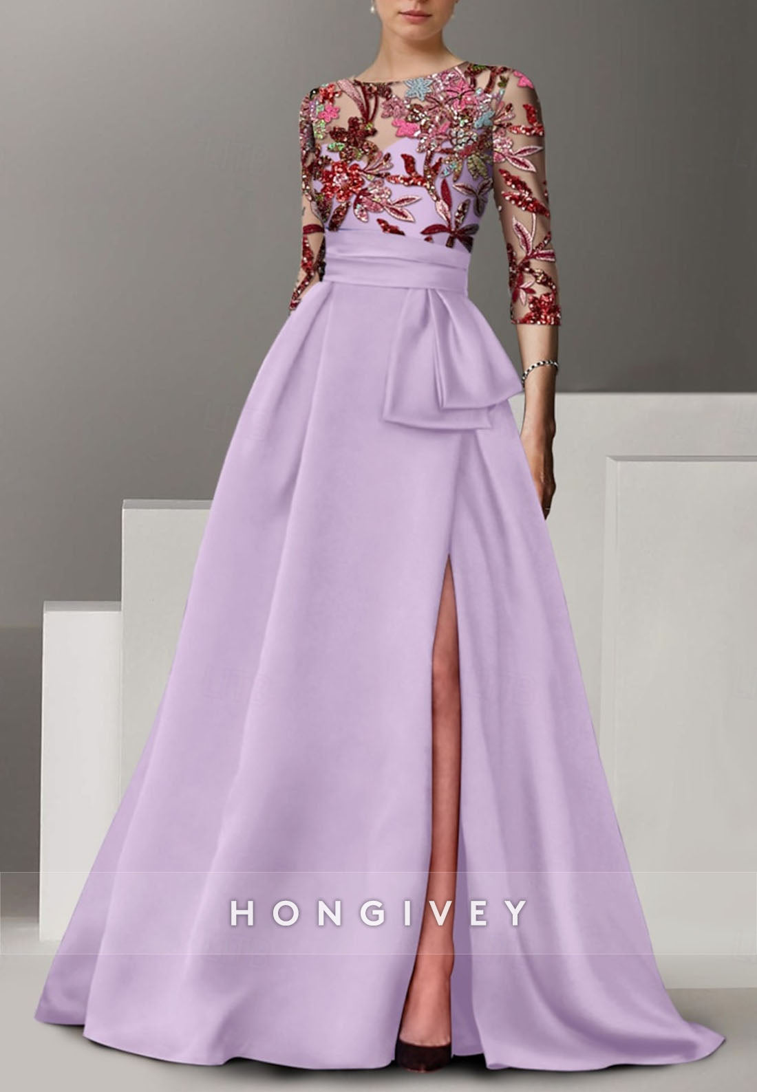 A-line Floor-Length High Slit Illusion Neck Evening Gown Beading 3/4 Sleeve Pleated Formal Dresses