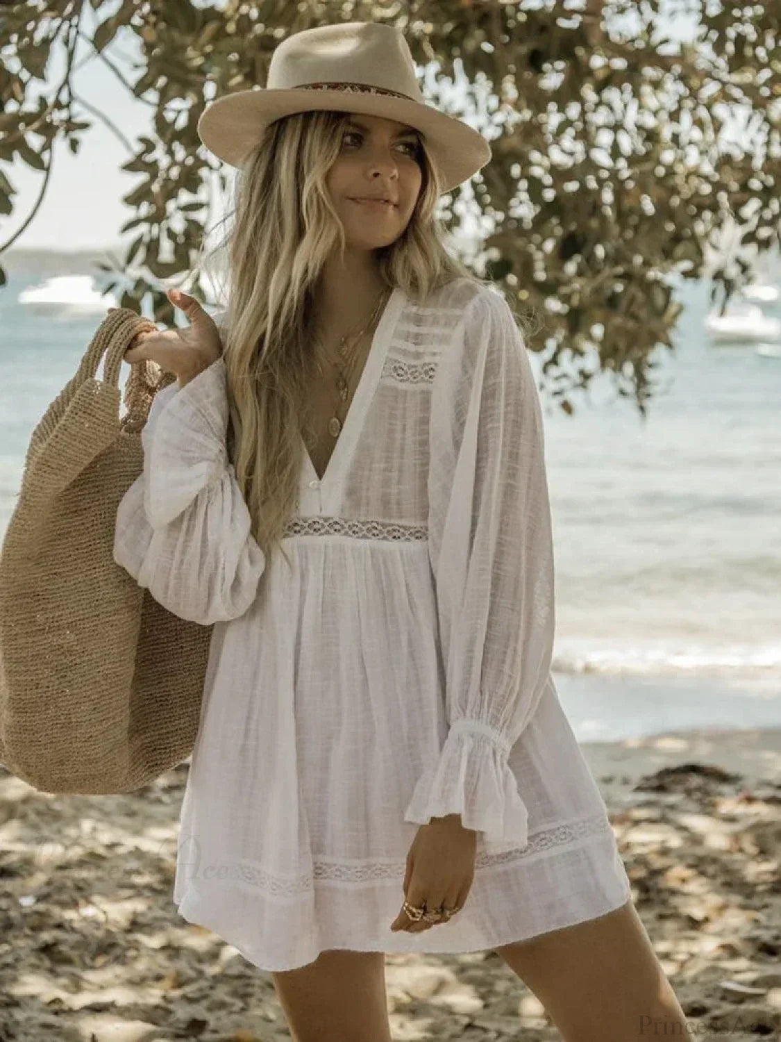 Spliced Lace V-Neck Long Sleeve Cover Up WHITE / One Size