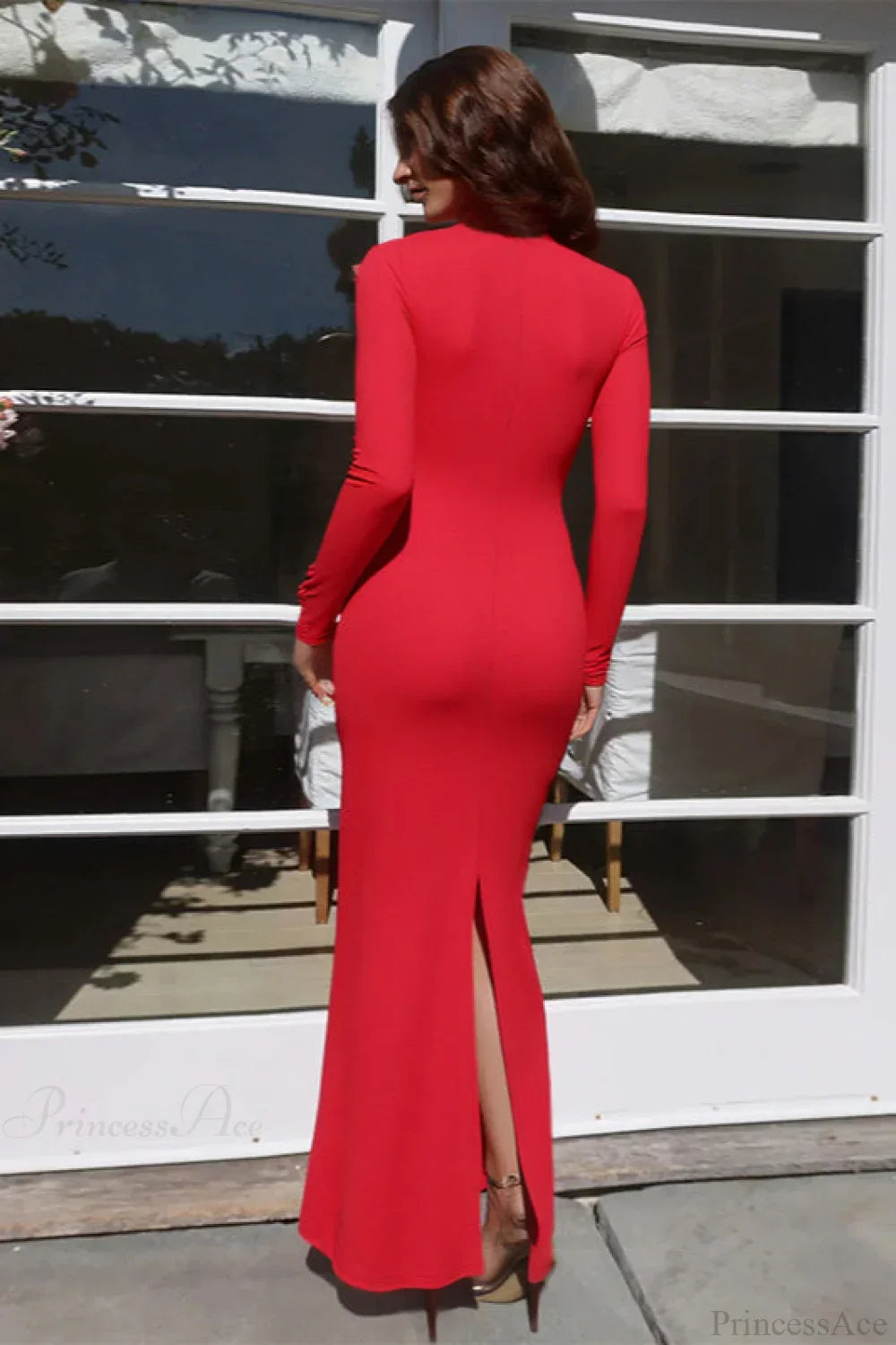 Lace Trim V-Neck Long Sleeve Bodycon Maxi Dress 5