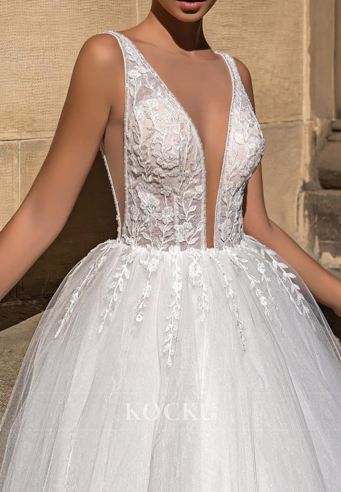 Plunging V - Neck Sleeveless Open Back Ballgown Wedding Dress with Lace Embroidery