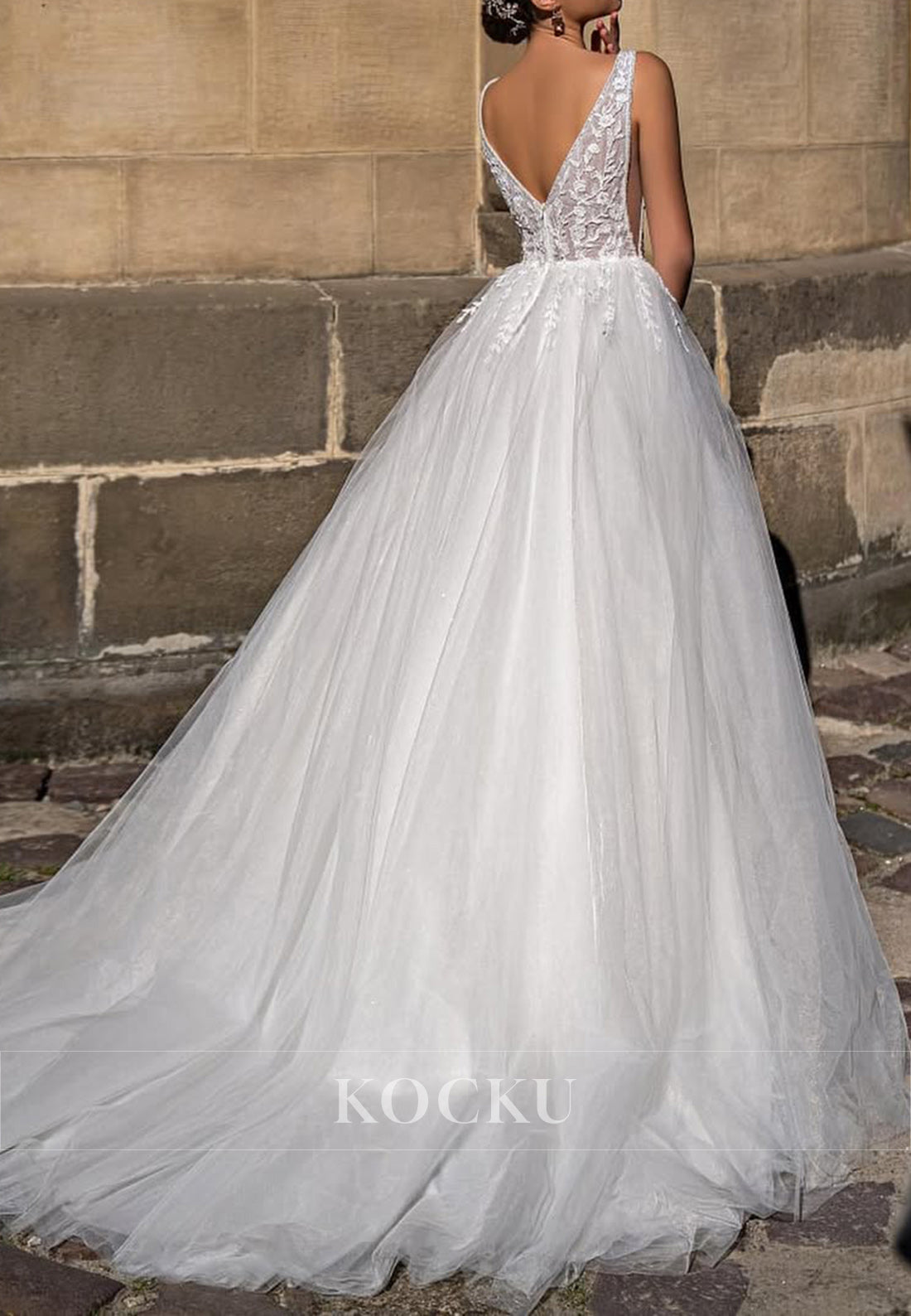 Plunging V - Neck Sleeveless Open Back Ballgown Wedding Dress with Lace Embroidery