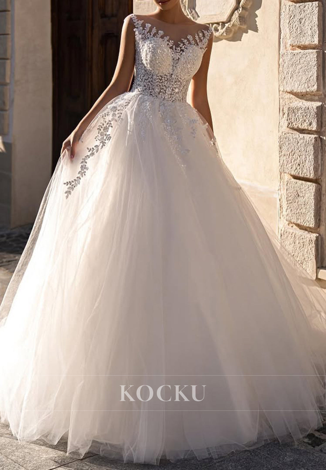 Sleeveless Illusion Neckline Ballgown Wedding Dress with Lace Embroidery