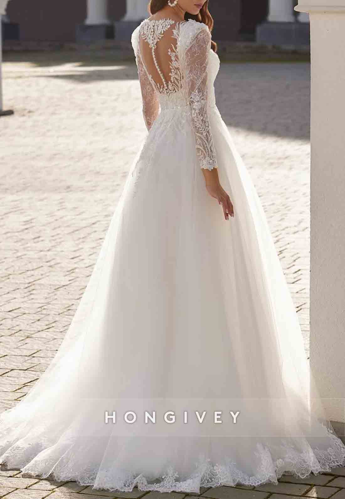 Lace Cut out Back A-line V Neck Court Train Long Sleeve Wedding Dresses