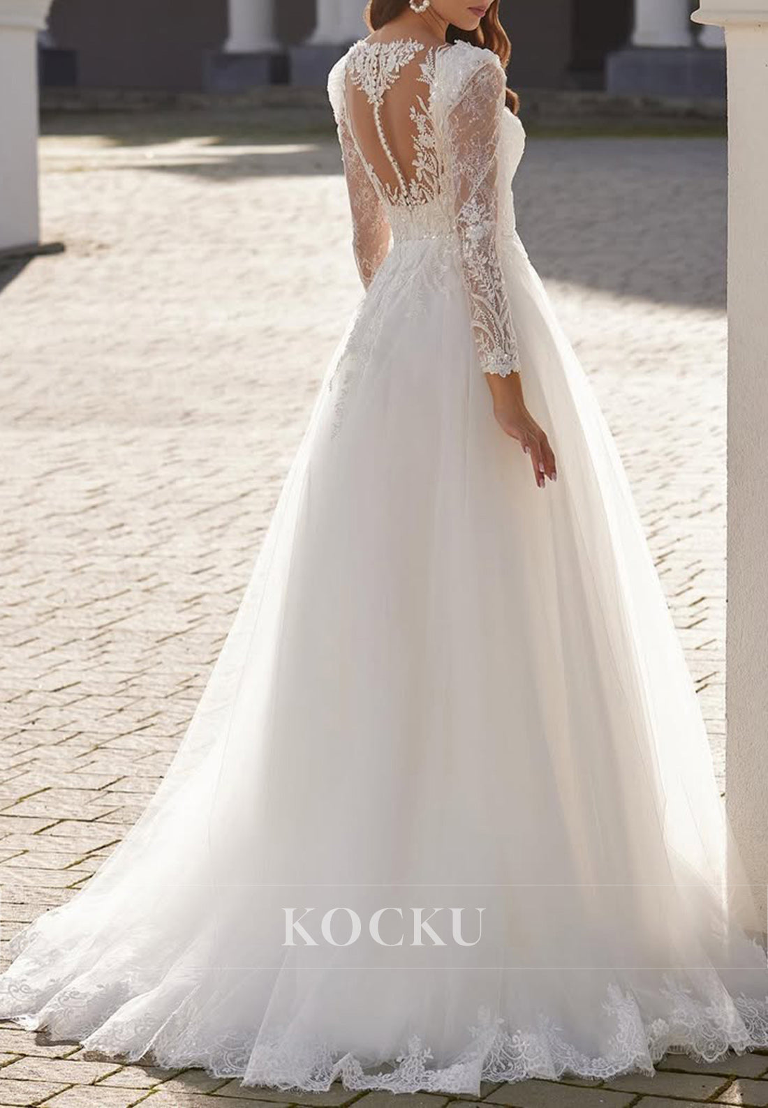 Deep V - Neck Lace Long Sleeve Tulle Wedding Dress with Open Back Embroidery