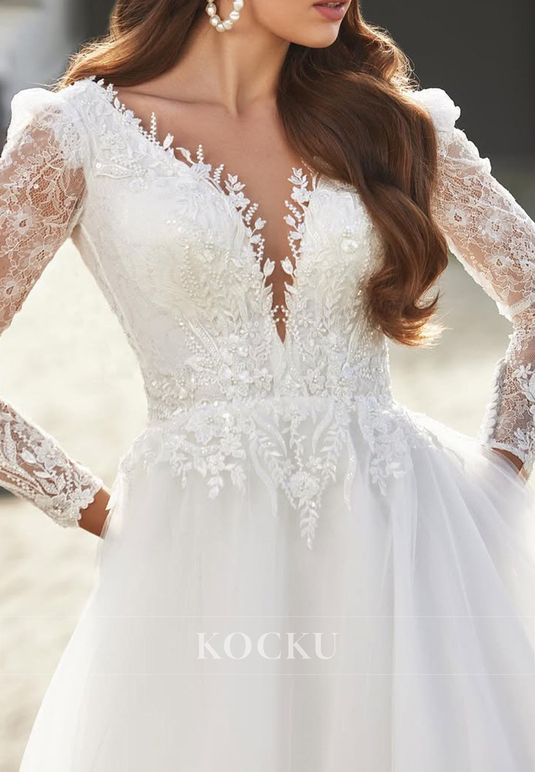 Deep V - Neck Lace Long Sleeve Tulle Wedding Dress with Open Back Embroidery