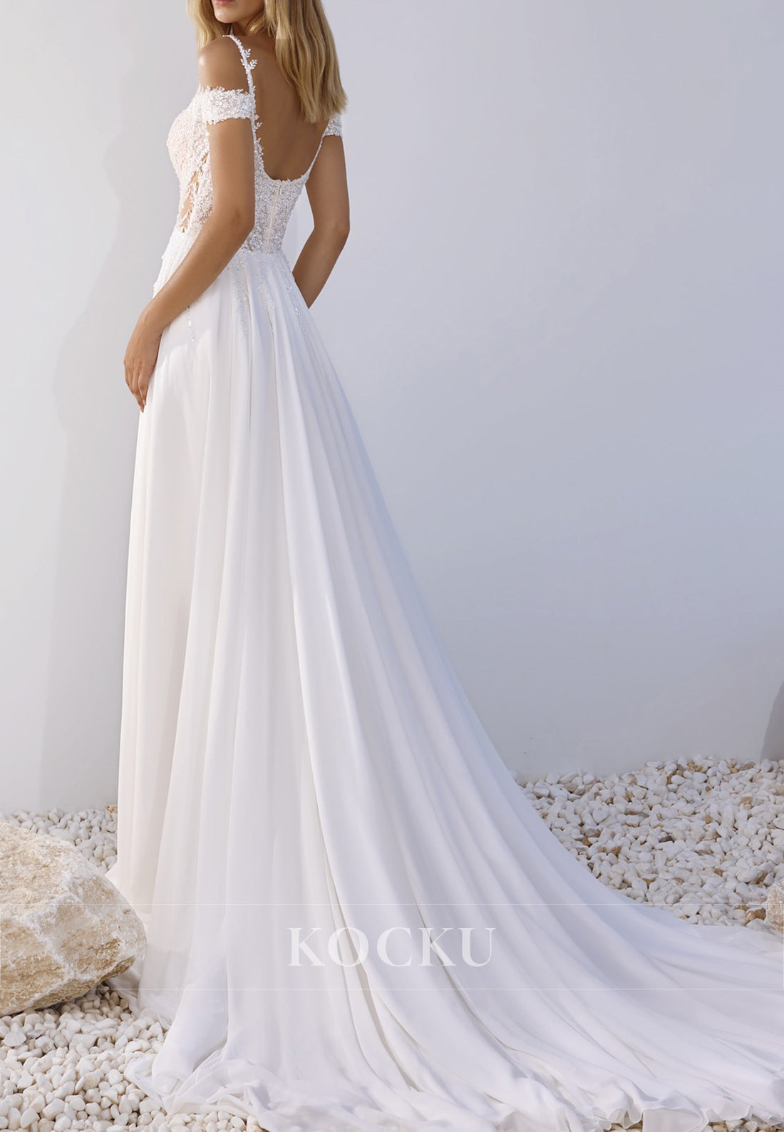 Cold - Shoulder Lace - Embroidered Wedding Dress with Sheer Bodice, High Slit & Train