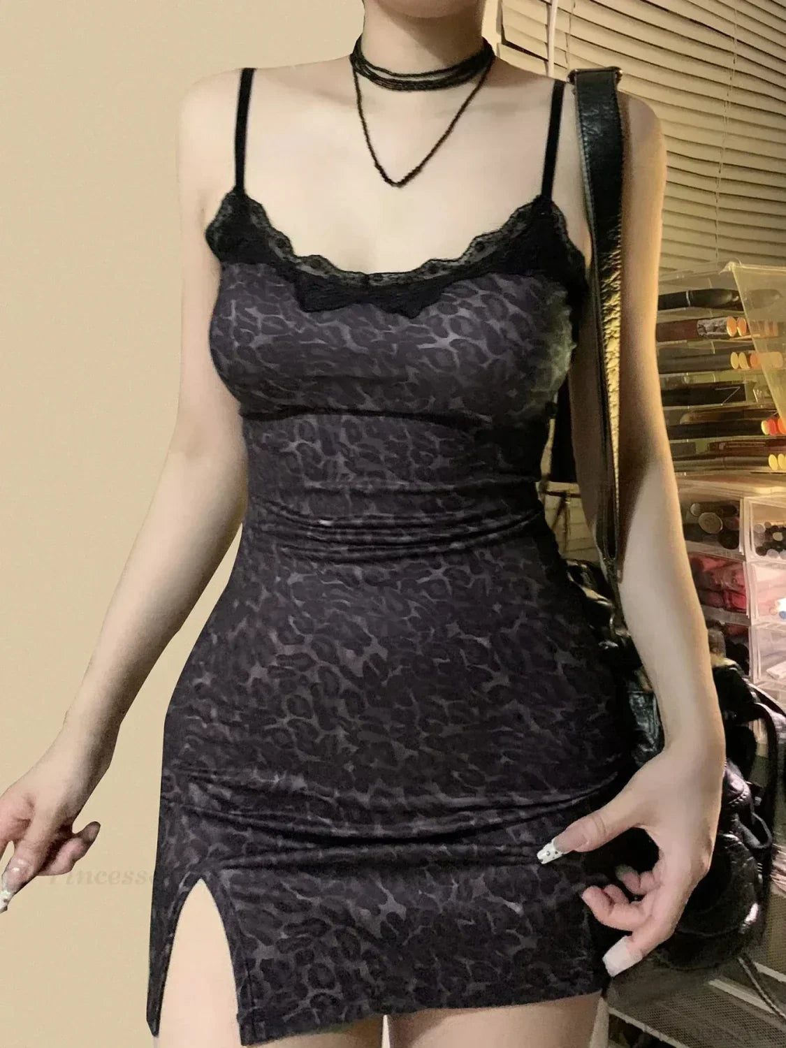 Leopard Print Lace Trim Spaghetti Strap High Split Bodycon Mini Dress