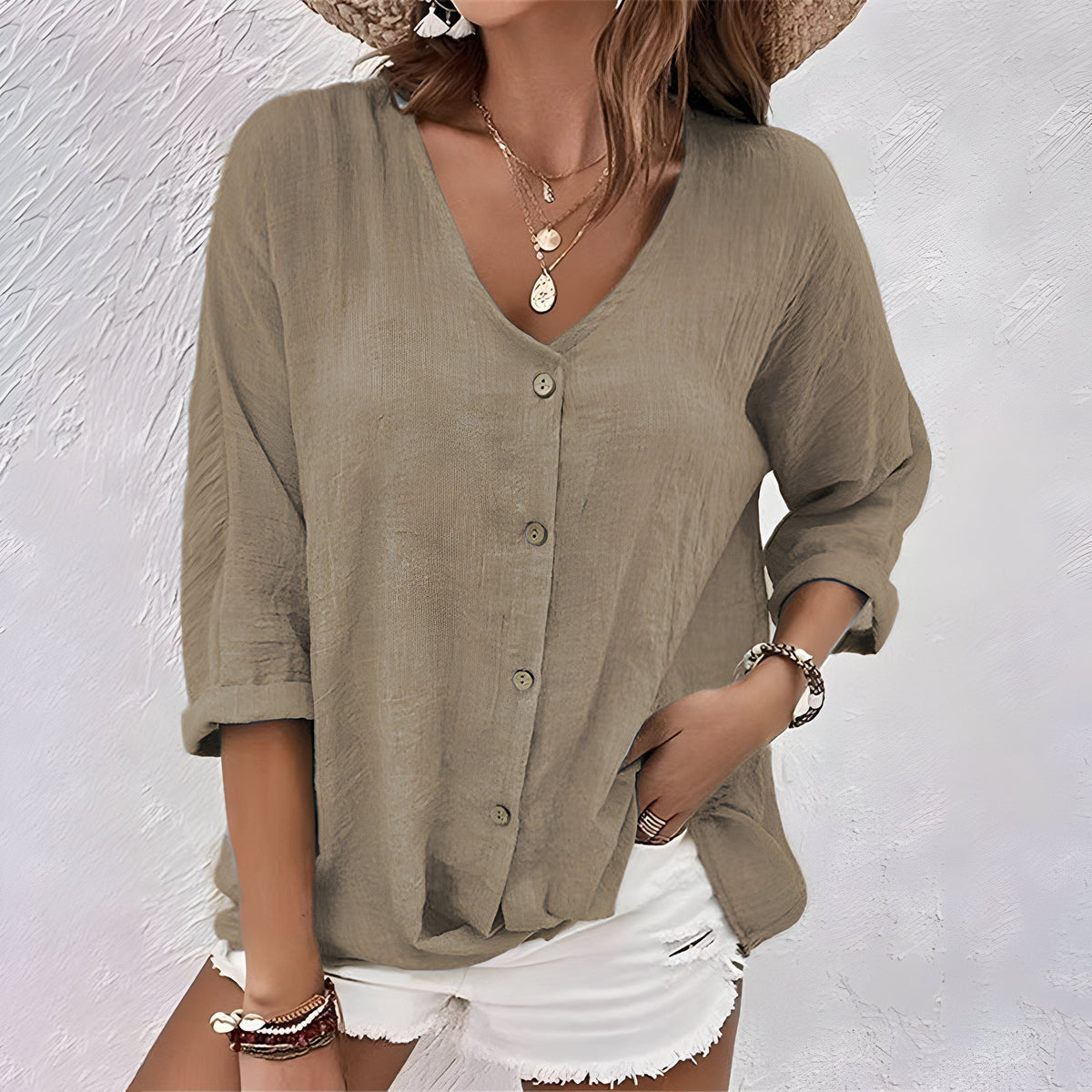 V-Neck Button Front Roll Sleeve Linen Look Blouse 7