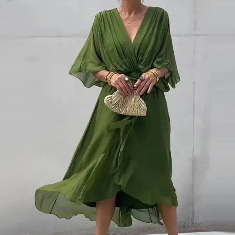 Deep V-Neck Wrap Flutter Sleeve Tie Waist Maxi Gown - View 4