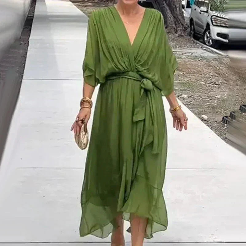 Deep V-Neck Wrap Flutter Sleeve Tie Waist Maxi Gown - View 2