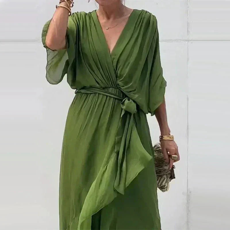 Deep V-Neck Wrap Flutter Sleeve Tie Waist Maxi Gown